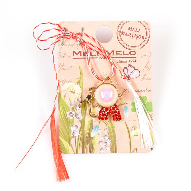 Brosa martisor pisica aurie cu perla alba si pietre rosii