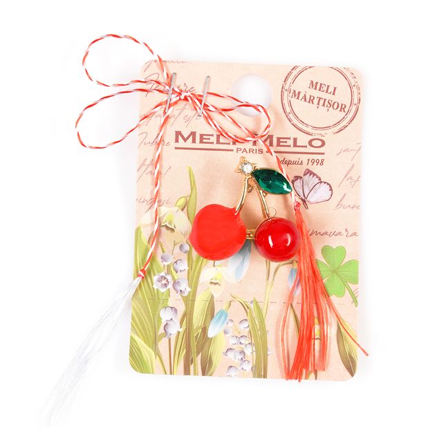 Brosa martisor doua cirese cu frunza verde