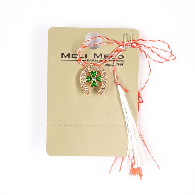 Brosa martisor potcoava aurie cu trifoi verde
