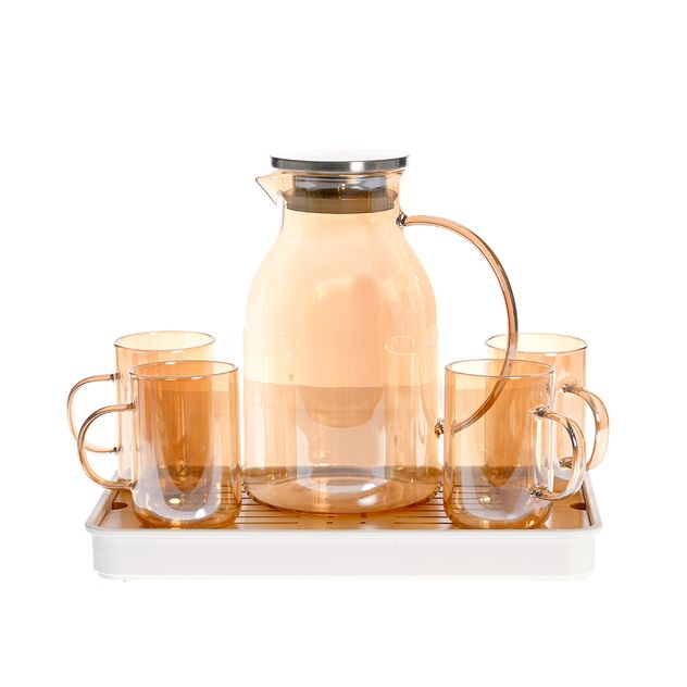 Set carafa 1500 ml si 6 cani 200 ml din sticla colorata, cu tava