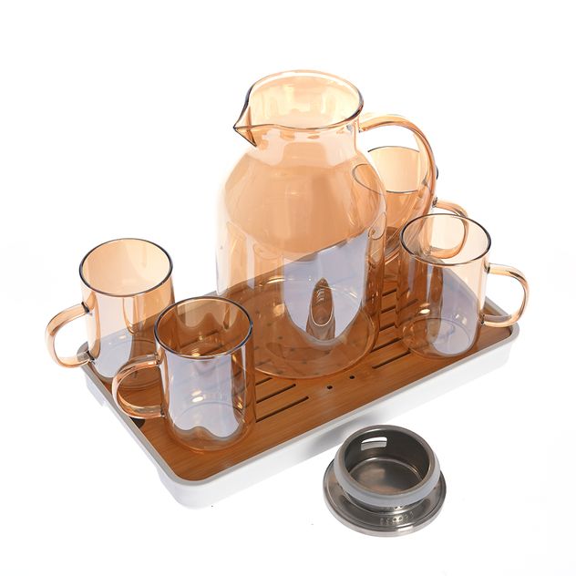 Set carafa 1500 ml si 6 cani 200 ml din sticla colorata, cu tava