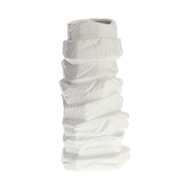 Vaza decorativa ceramica alba, aspect piatra sculptata, 34 cm