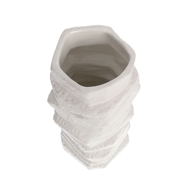 Vaza decorativa ceramica alba, aspect piatra sculptata, 34 cm