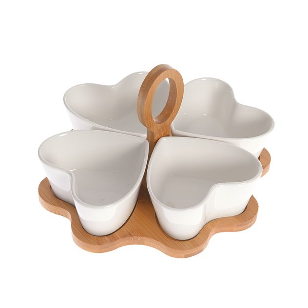 Set 4 boluri inima din ceramica cu suport din bambus