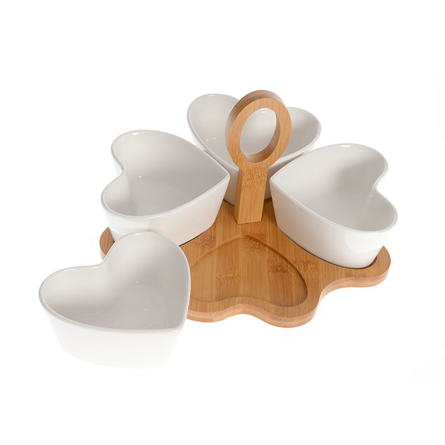 Set 4 boluri inima din ceramica cu suport din bambus