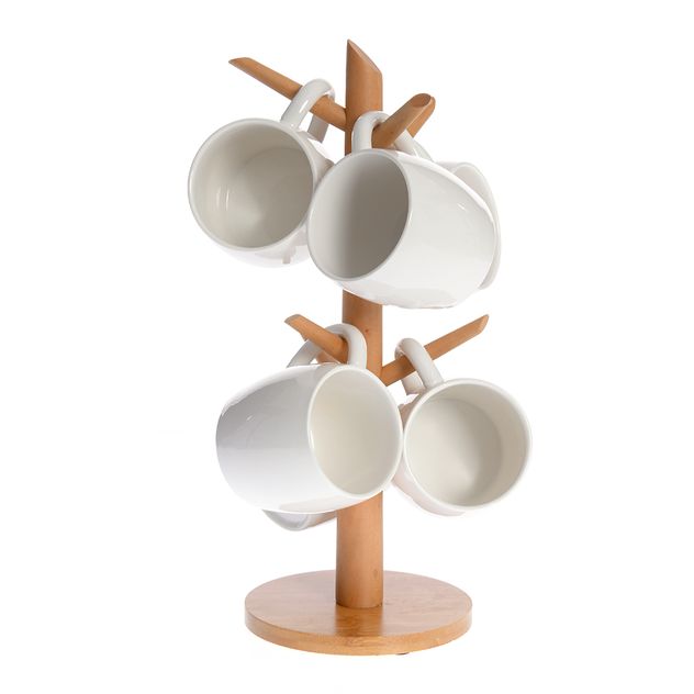 Set 6 cani ceramice albe cu suport vertical din lemn, 190 ml