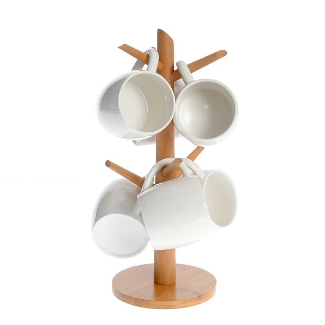 Set 6 cani ceramice albe cu suport vertical din lemn, 190 ml