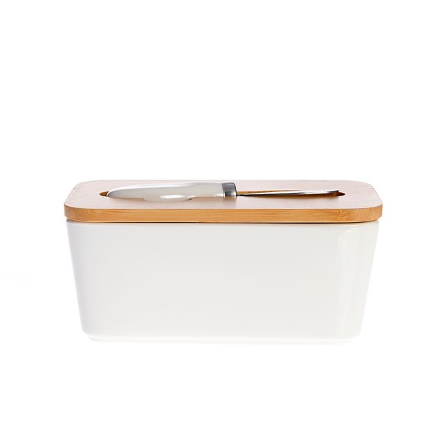 Recipient pentru unt din ceramica cu capac din bambus si cutit
