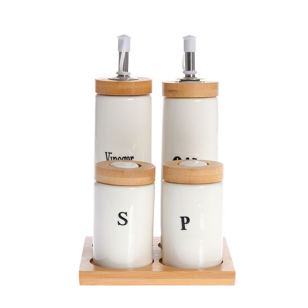 Set condimente si ulei-otet cu suport din bambus – 5 piese