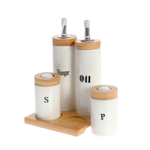 Set condimente si ulei-otet cu suport din bambus – 5 piese