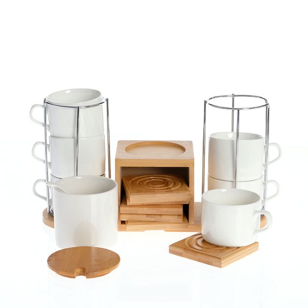 Set elegant 6 cesti 150 ml pentru servire cafea cu suport din bambus