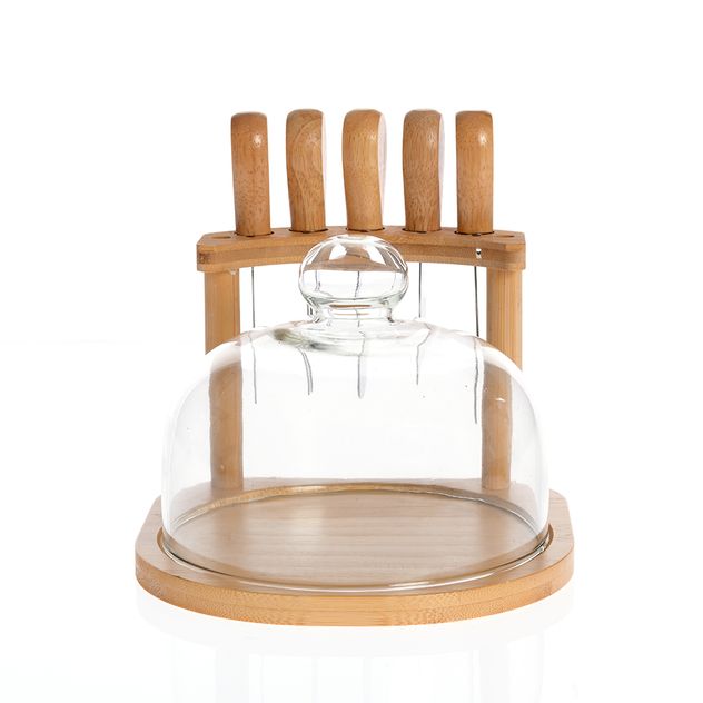 Set servire branzeturi cu ustensile si capac din sticla, suport bambus