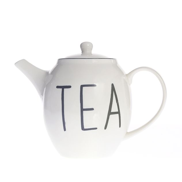 Ceainic ceramic alb cu inscriptie „TEA”, design minimalist, 1000 ml