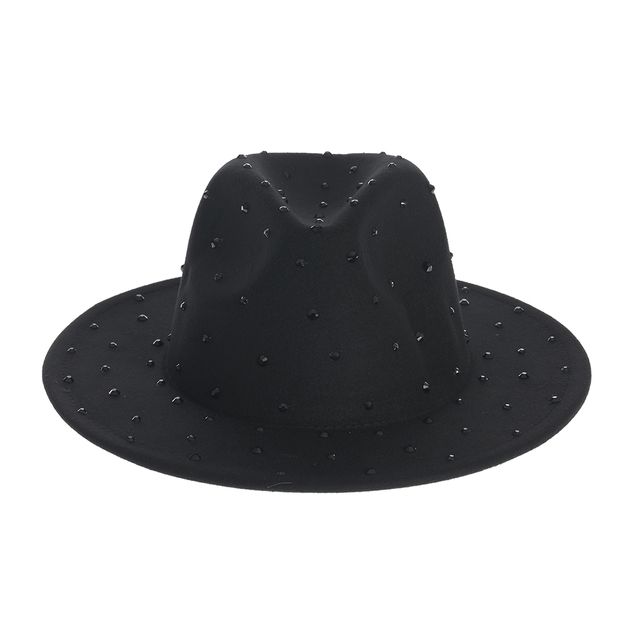 Palarie neagra cu bor lat si aplicatii decorative stralucitoare