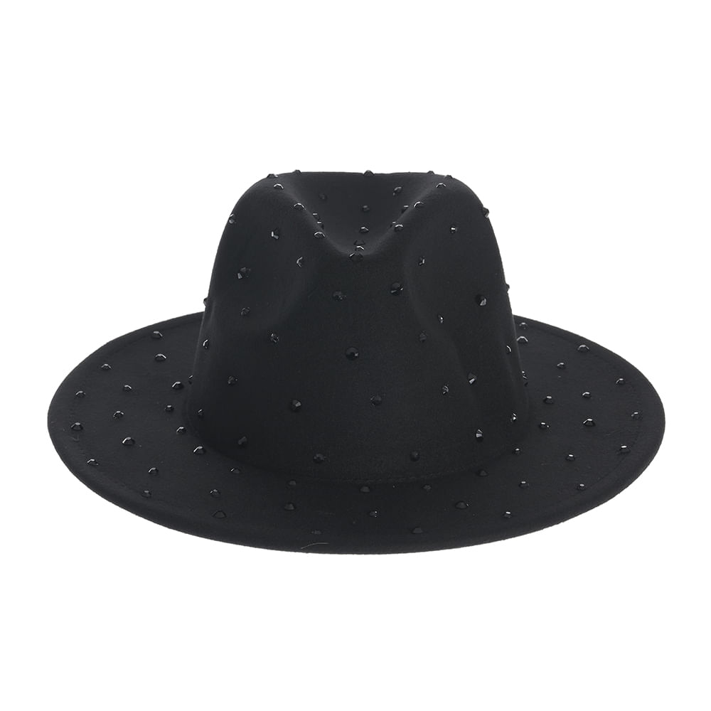Palarie neagra cu bor lat si aplicatii decorative stralucitoare