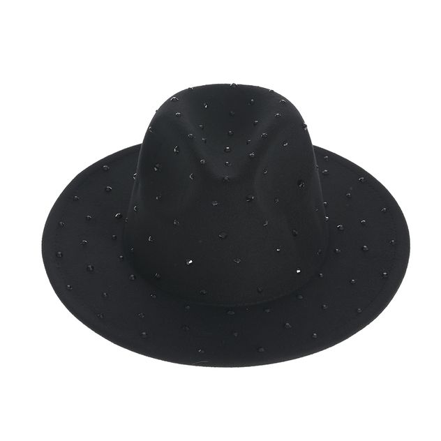 Palarie neagra cu bor lat si aplicatii decorative stralucitoare