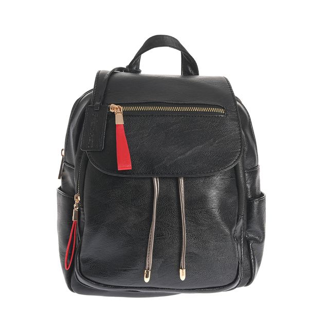 Rucsac modern negru cu snur decorativ si buzunar frontal