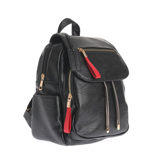 Rucsac modern negru cu snur decorativ si buzunar frontal