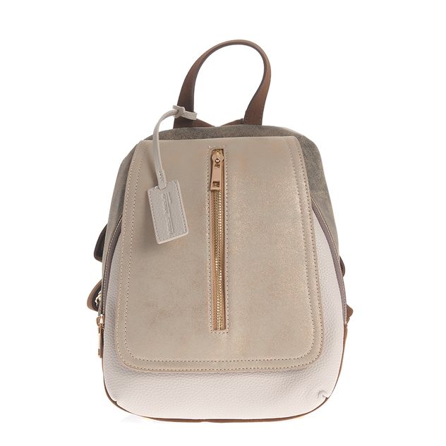 Rucsac casual crem cu fermoar frontal si detalii aurii