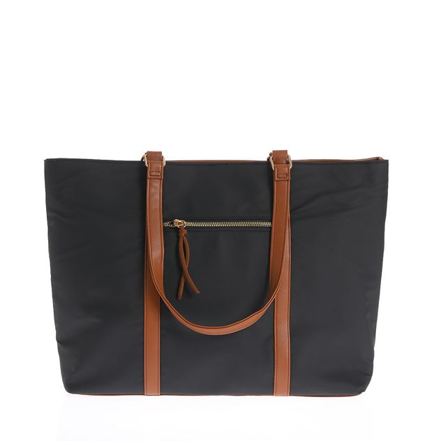 Geanta shopper neagra cu barete maro si buzunar frontal