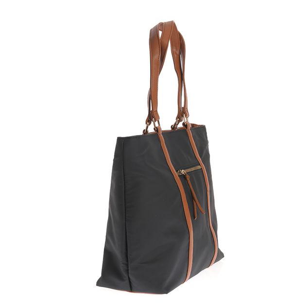 Geanta shopper neagra cu barete maro si buzunar frontal