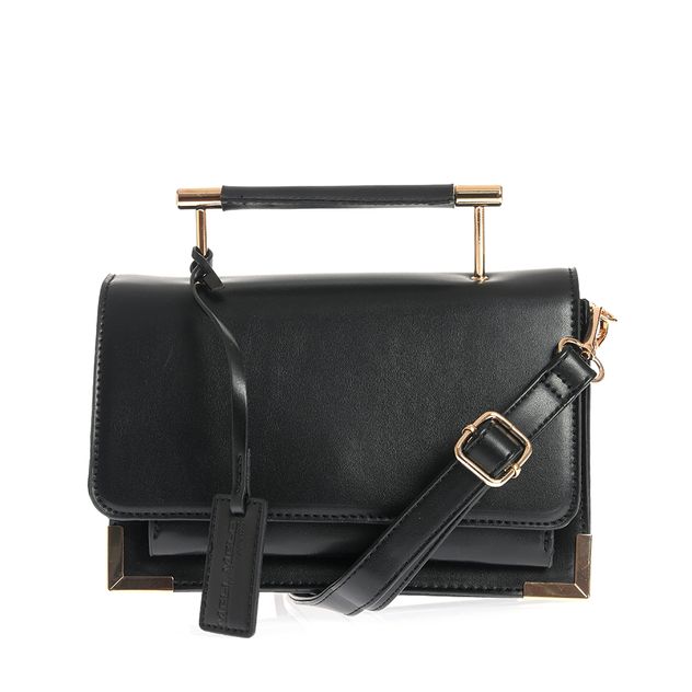 Geanta neagra eleganta cu maner metalic si detalii aurii