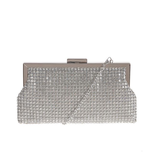 Geanta plic eleganta cu strasuri argintii si bareta din lant