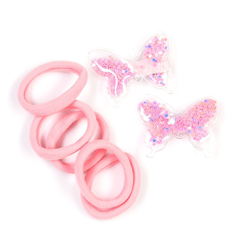 Set agrafe si elastice de par cu fluturi roz