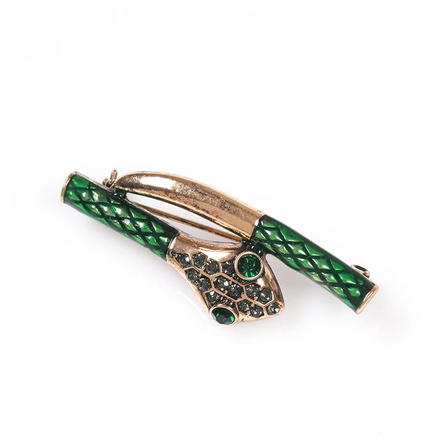 Brosa vintage sarpe verde cu detalii aurii si cristale