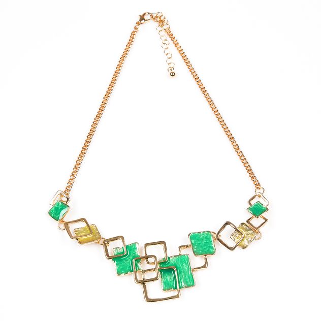 Colier geometric cu patrate aurii si accente verzi lucioase