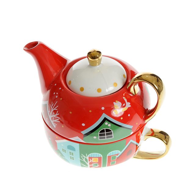 Set ceainic si ceasca Craciun cu design festiv si manere aurii
