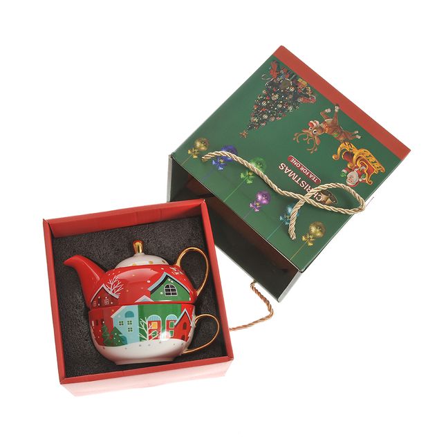 Set ceainic si ceasca Craciun cu design festiv si manere aurii