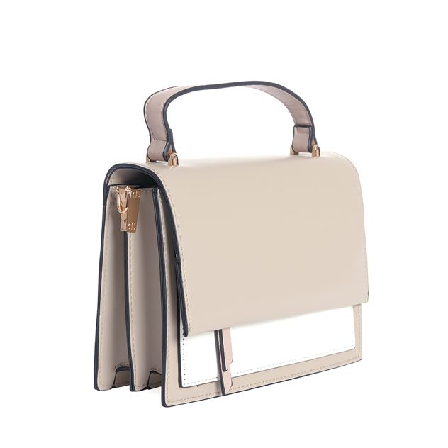 Geanta eleganta bej cu detalii contrastante
