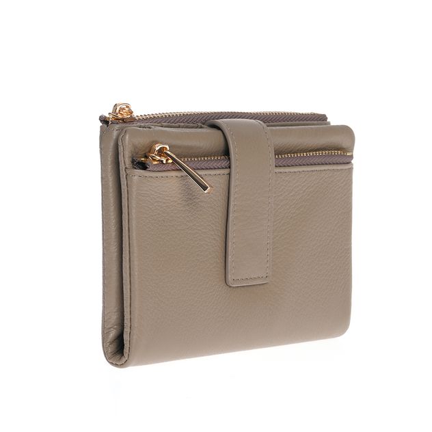 Portofel taupe din piele cu fermoar si inchidere cu capsa