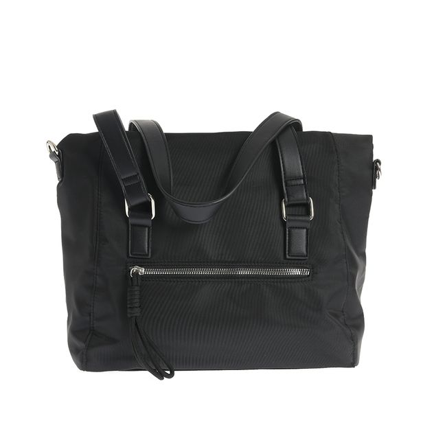 Geanta casual neagra cu manere fixe si buzunar frontal