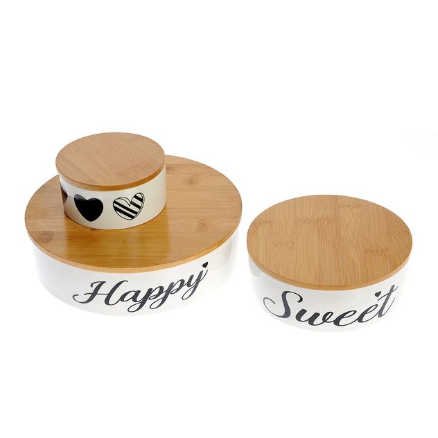 Set recipiente ceramice cu capac din bambus si mesaj decorativ