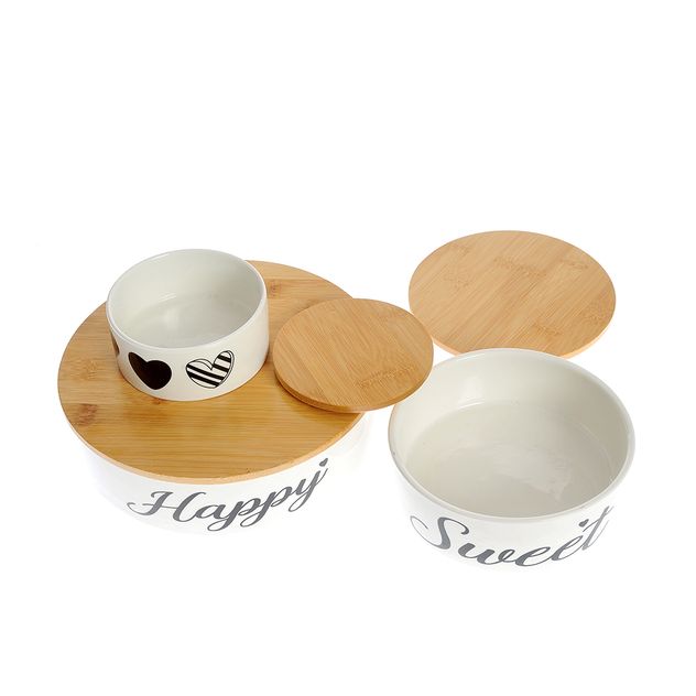 Set recipiente ceramice cu capac din bambus si mesaj decorativ