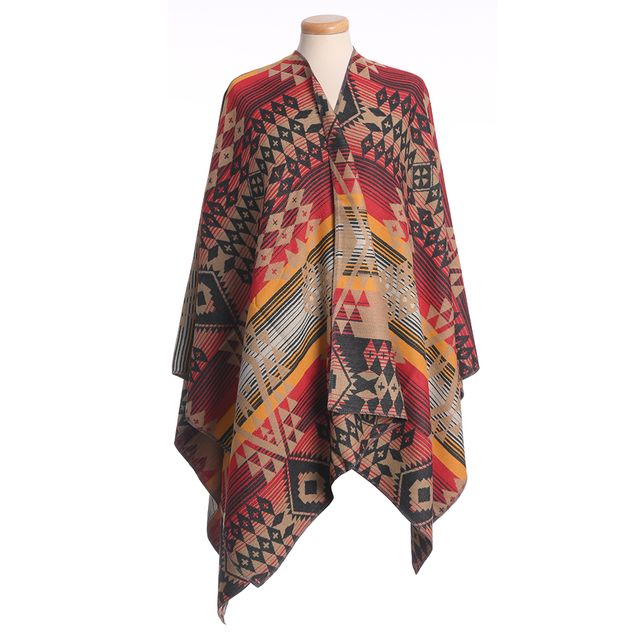 Poncho stil boho cu imprimeu geometric in culori calde