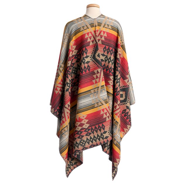 Poncho stil boho cu imprimeu geometric in culori calde
