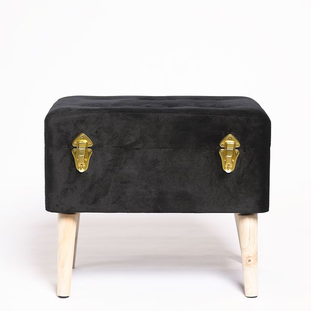 Taburet negru cu picioare din lemn si spatiu de depozitare