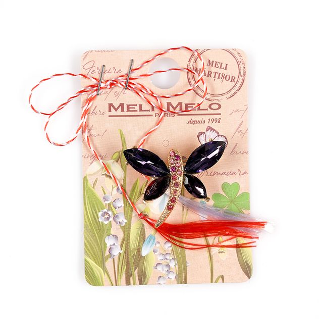 Brosa martisor libelula aurie cu aripi mov