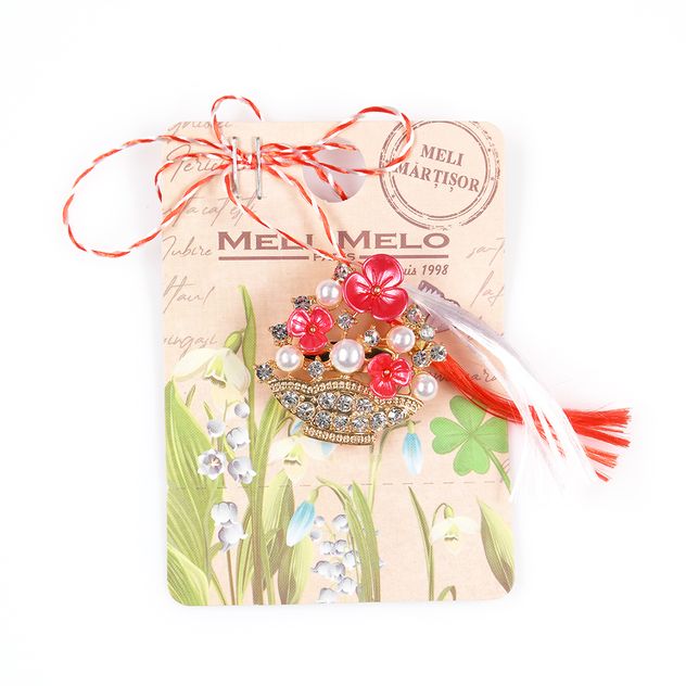 Brosa martisor cos auriu cu flori roz