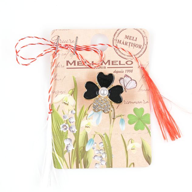 Brosa martisor trifoi negru cu detalii aurii