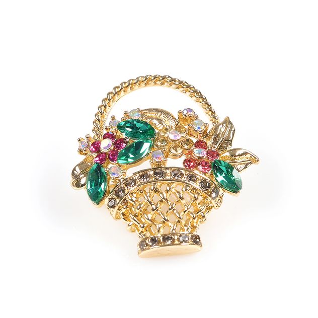 Brosa martisor cos auriu cu flori roz si frunze verzi