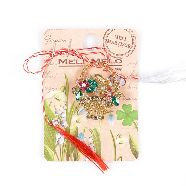 Brosa martisor cos auriu cu flori roz si frunze verzi