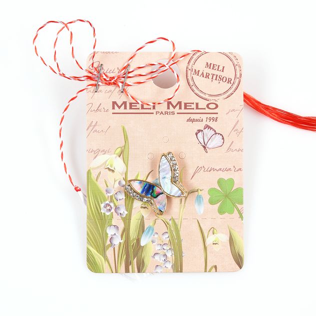 Brosa martisor fluture cu margini aurii si pietre acrilice