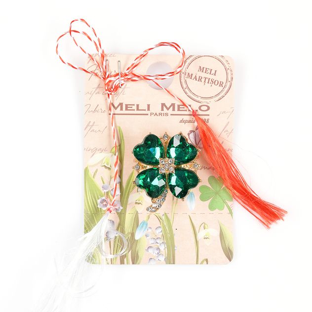 Brosa martisor in forma de trifoi cu pietre verzi