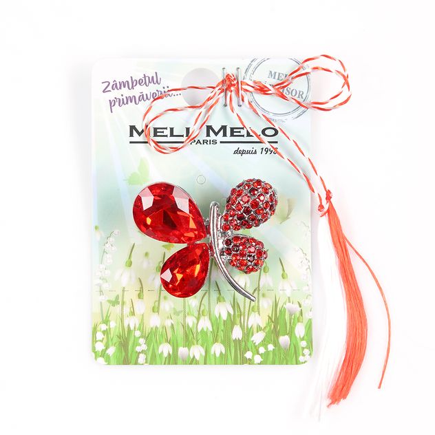 Brosa martisor fluture argintiu cu pietre rosii