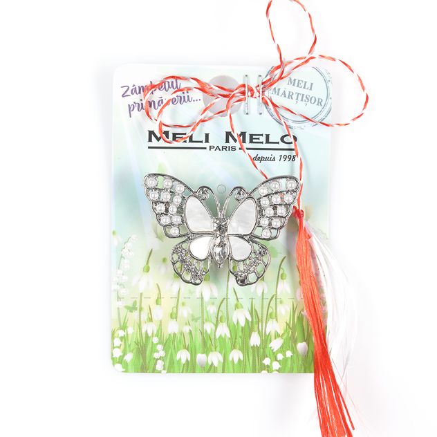 Brosa martisor fluture argintiu cu perle albe