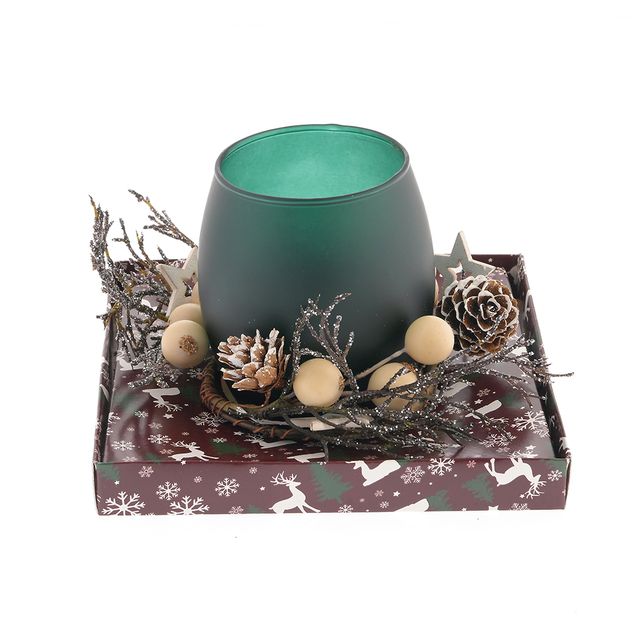 Suport lumanare verde cu decor de iarna si conuri